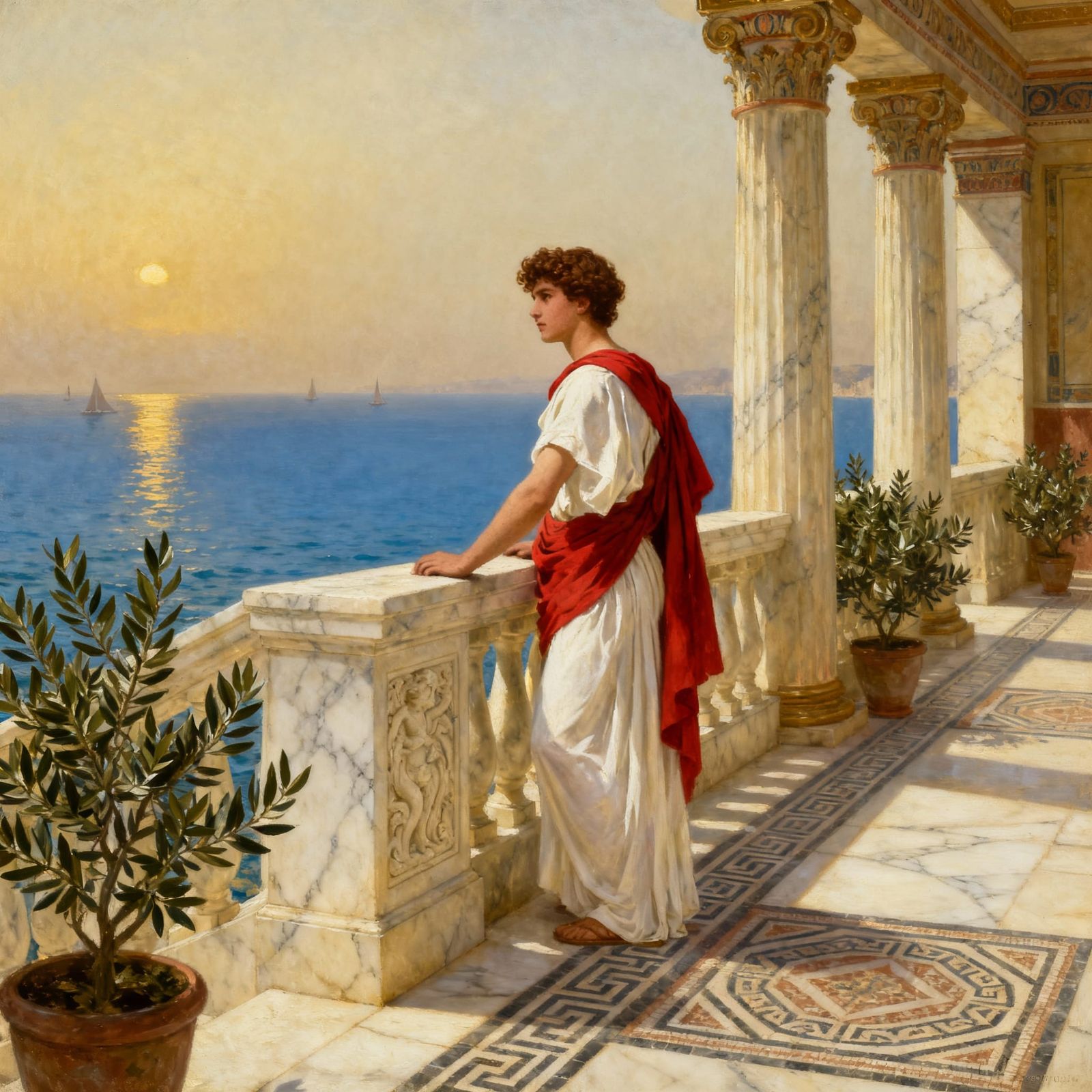 Young Man Gazes Out to Sea on Balcony, Alma-Tadema Style
