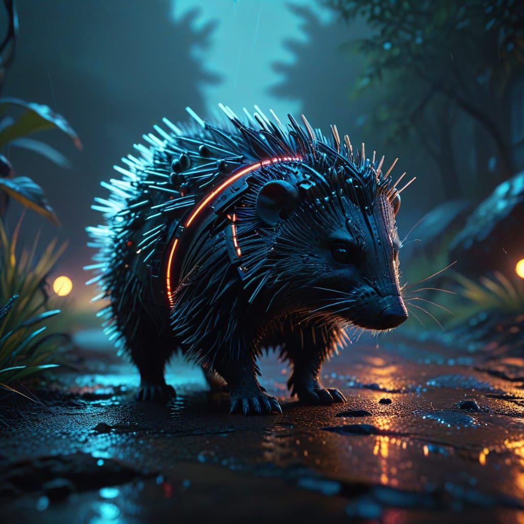 Cyberpunk Porcupine: Neon Dewdrops in 2099