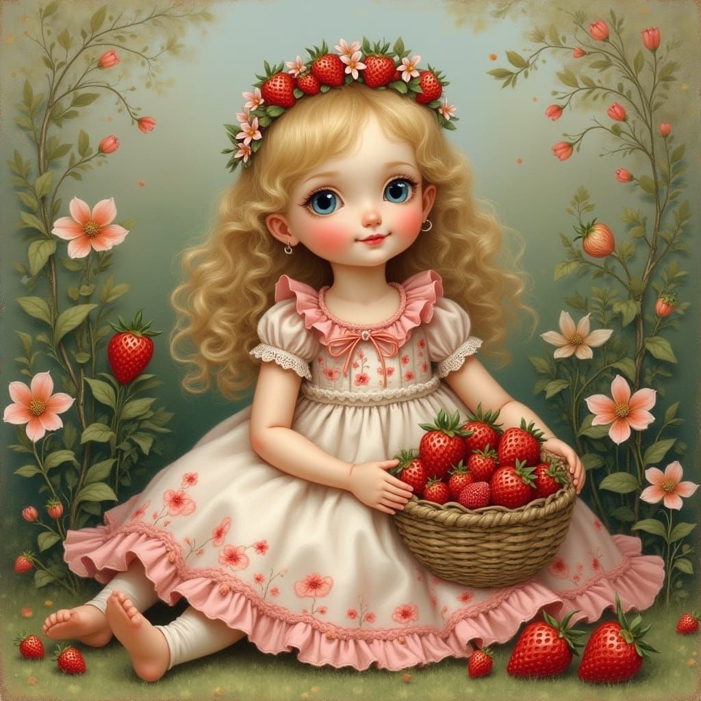 Gentle Girl in a Garden with Fresh Fruits and Flowers
