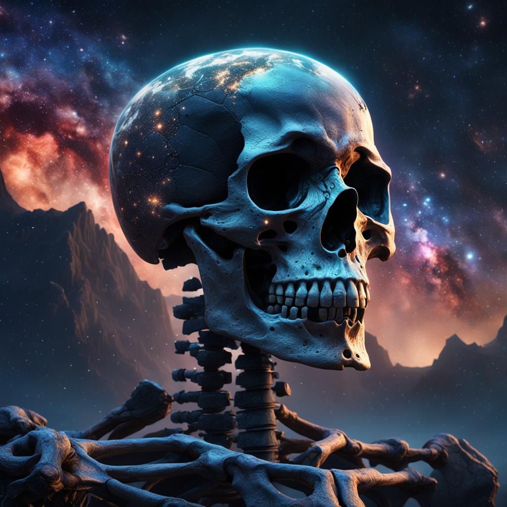 Skeleton Head Amidst Stars: Fantasy Concept Art