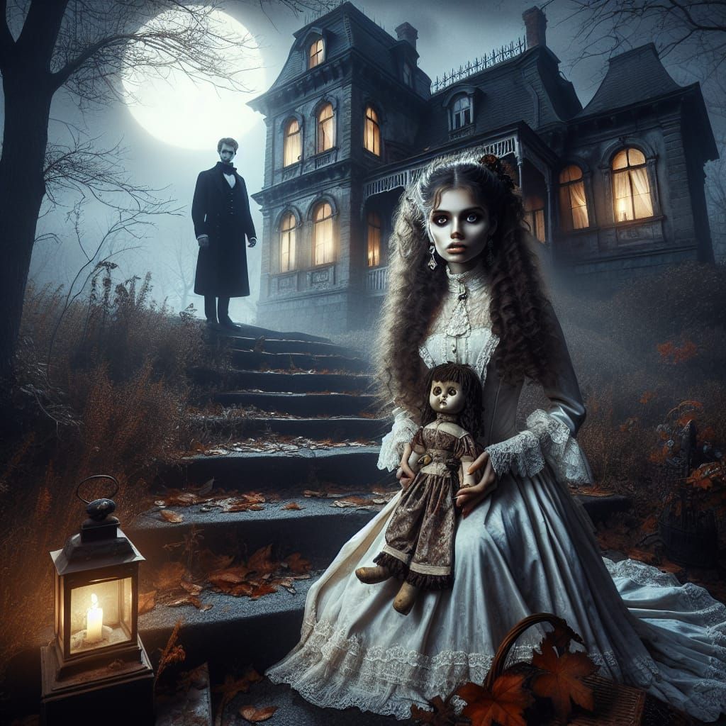 Ethereal Victorian Mansion with Woman in White Gown