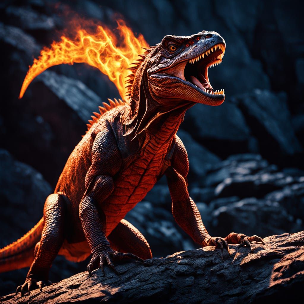 Epic Red Reptile Dominates Rocky Outcropping in Cinematic Fi...