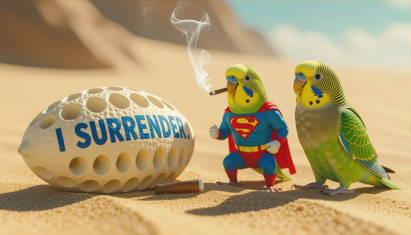 Parakeets in Playful Scene, Detailed Digital Art