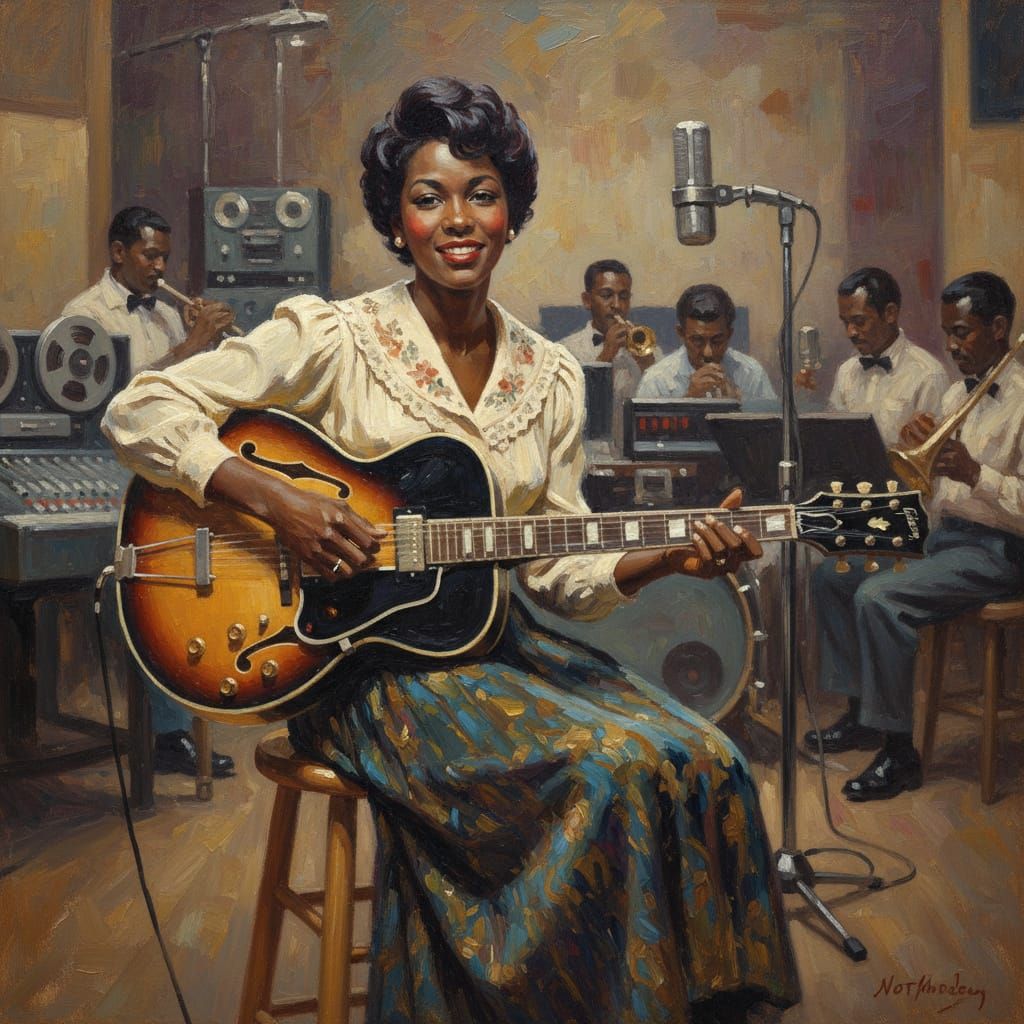 Motown Studio Scene: Woman Plays Guitar, Impressionist Style