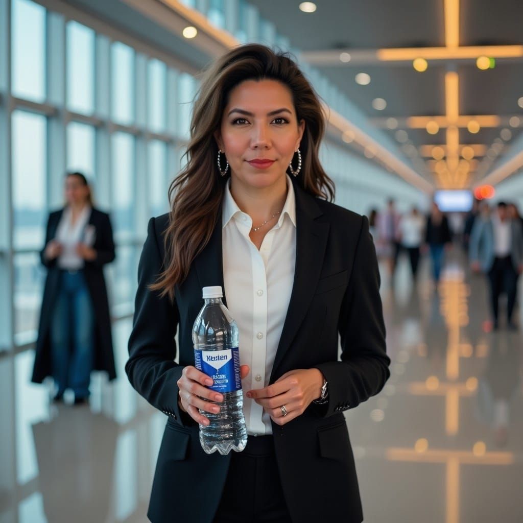 Woman Holding Water Bottle in Airport