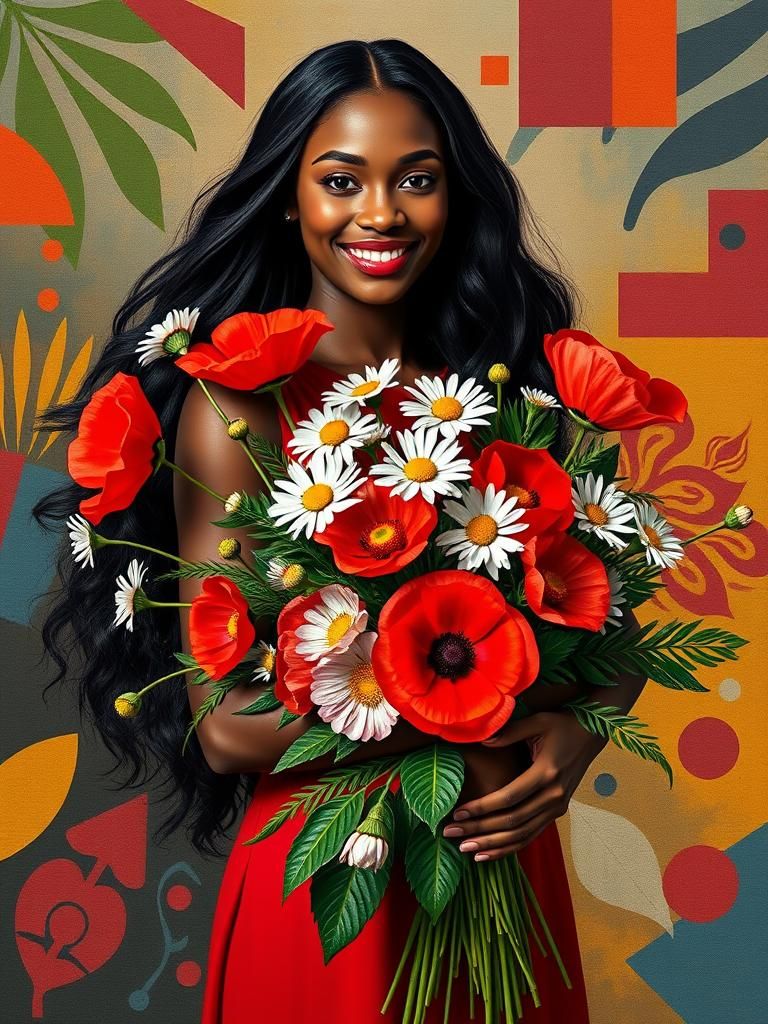 Black Woman with Flowers in Modernist Style