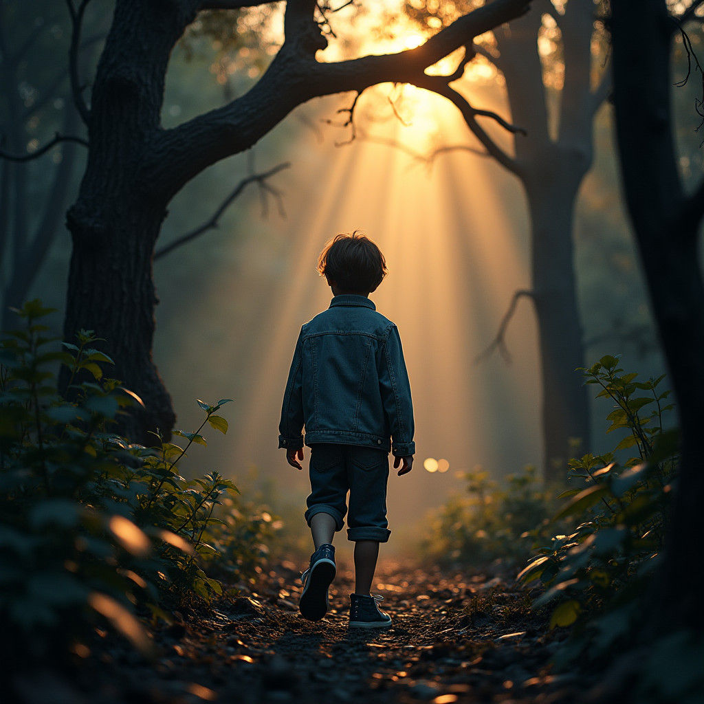 Boy in Eerie Forest with Monster, Cinematic Lighting
