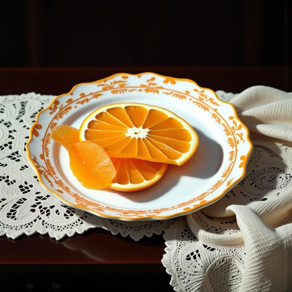 Photorealistic Candied Orange Slice on Lace Tablecloth