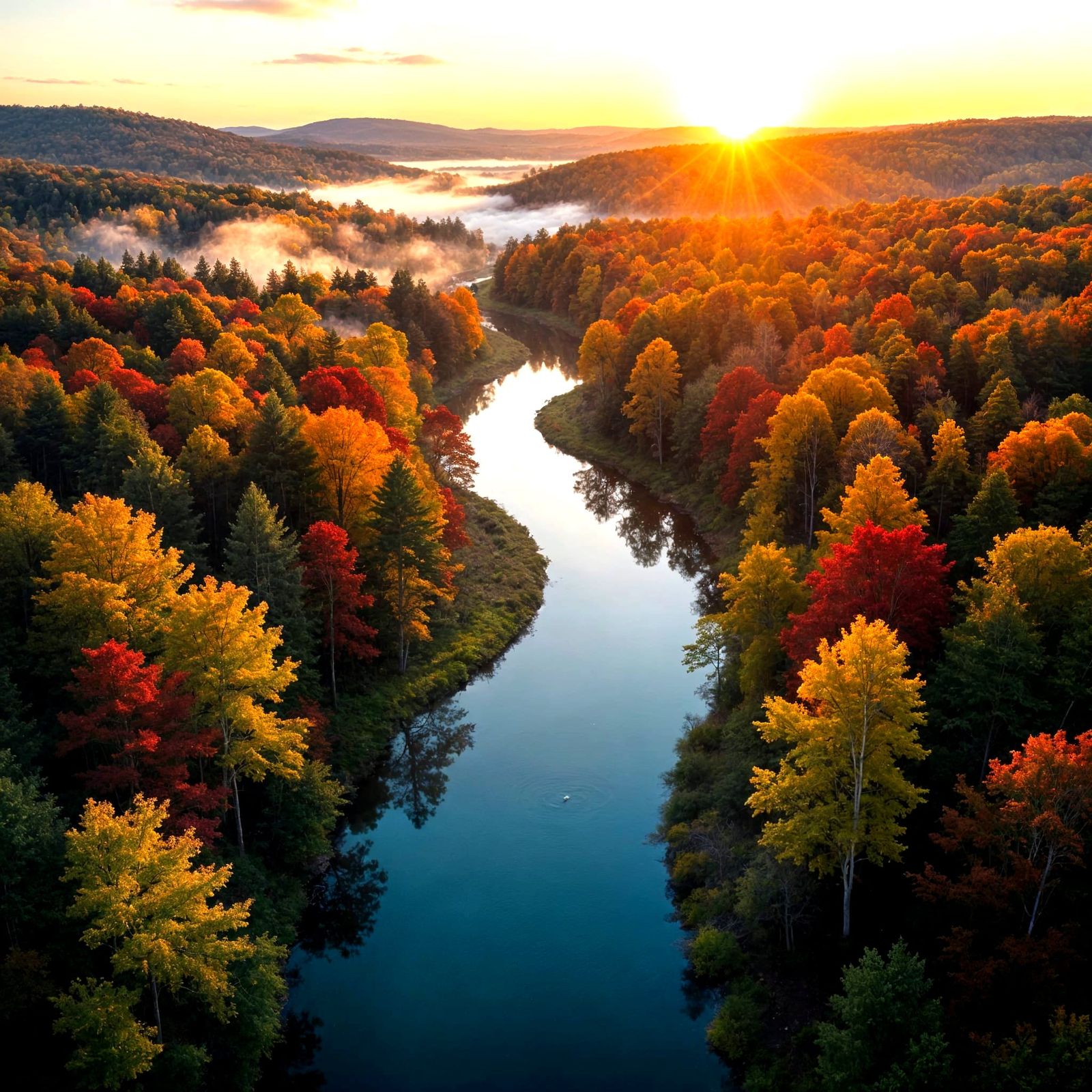 Aerial River View at Sunrise in Autumn Forest