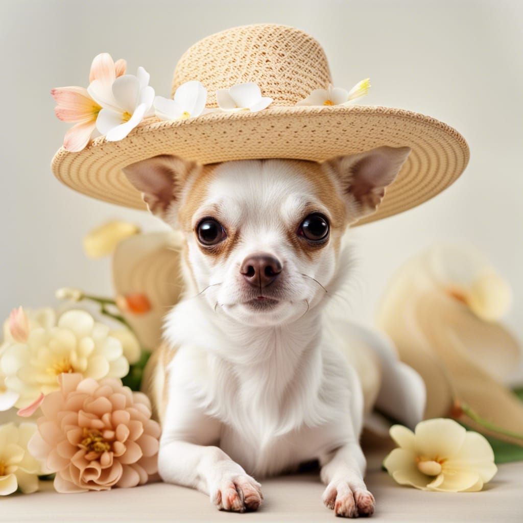 Chihuahua in Straw Hat with Flowers and Tag