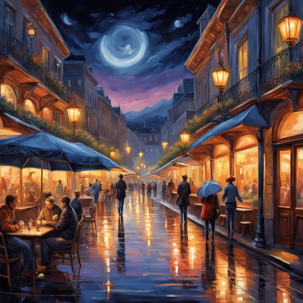 Vibrant Seaside Boulevard at Night, Impressionistic Oil Pain...