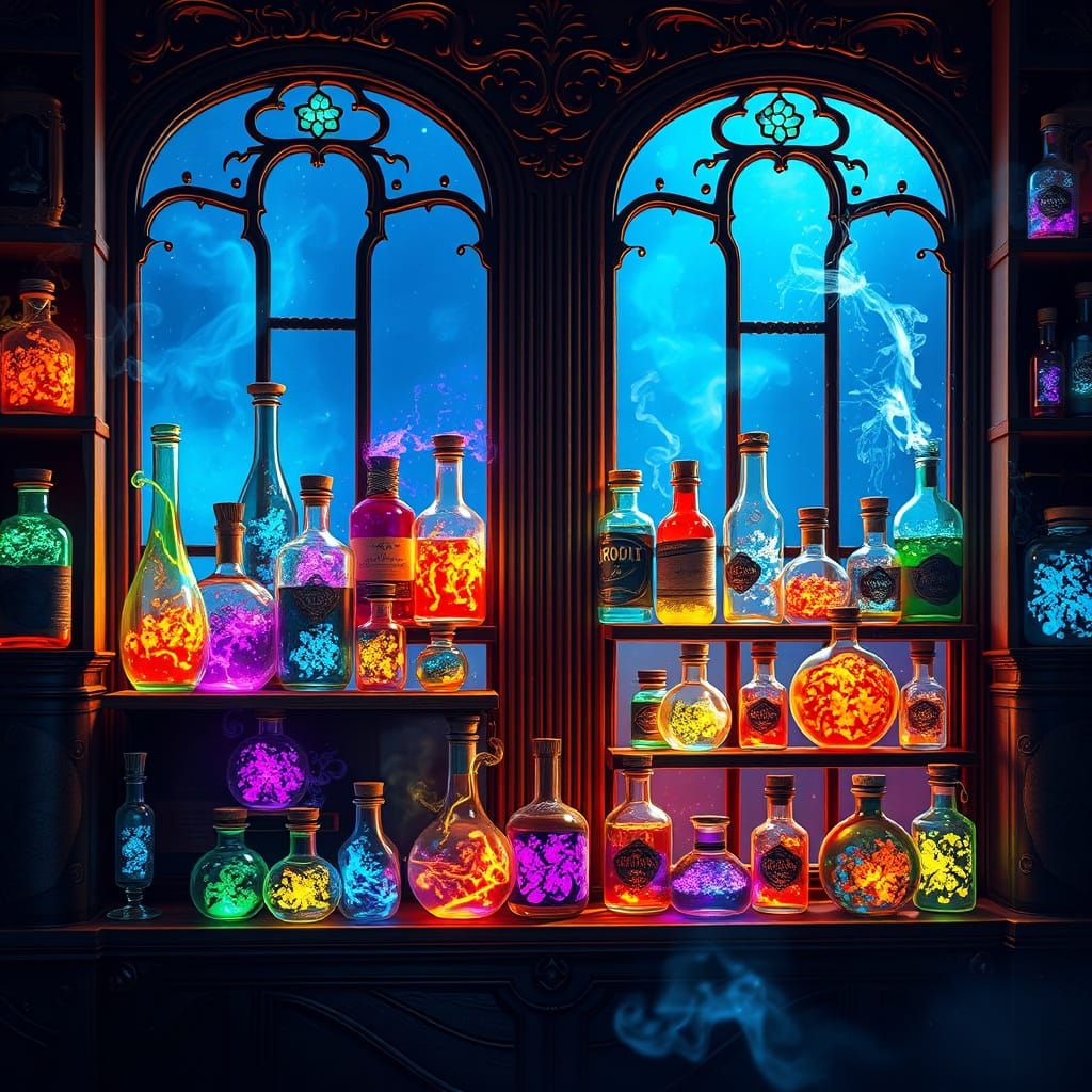 Enchanted Apothecary Shelves in Whimsical Fantasy Setting