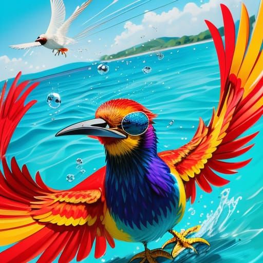 Humorous Bird with Sunglasses in Pool: Digital Illustration