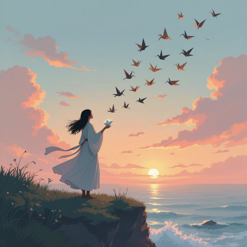 A solitary figure stands on a windswept cliff overlooking a stormy sea at twilight, releasing a flock of origami cranes ...