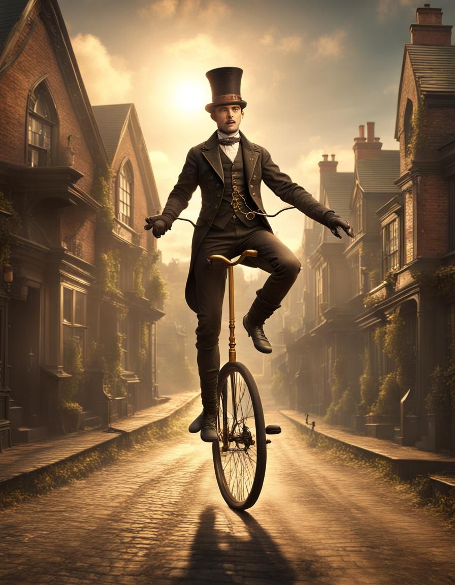 Steampunk Victorian Man on Unicycle in Village