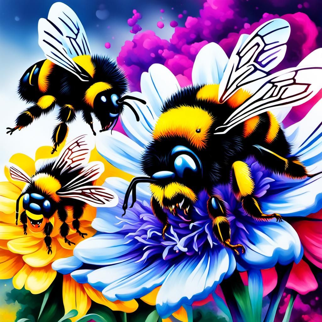 Bumblebees Flying Over Flower in Graffiti Art Style