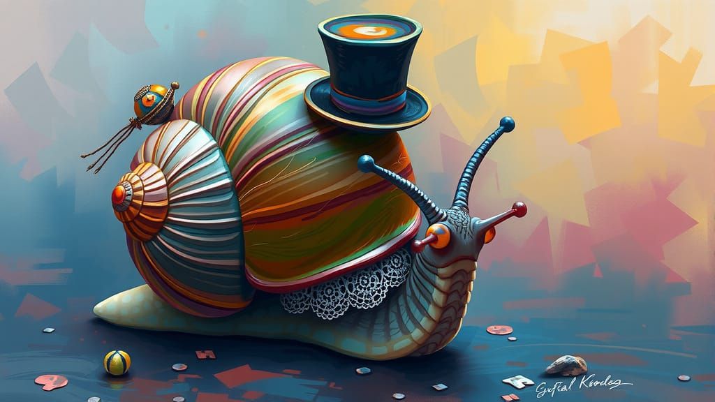 Gothic Rainbow Snail in Top Hat, Mystical Ambiance