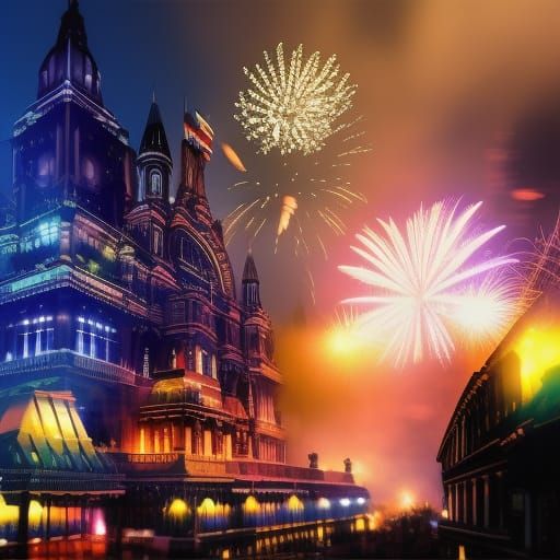 Colorful Fireworks Display in Atmospheric Mist