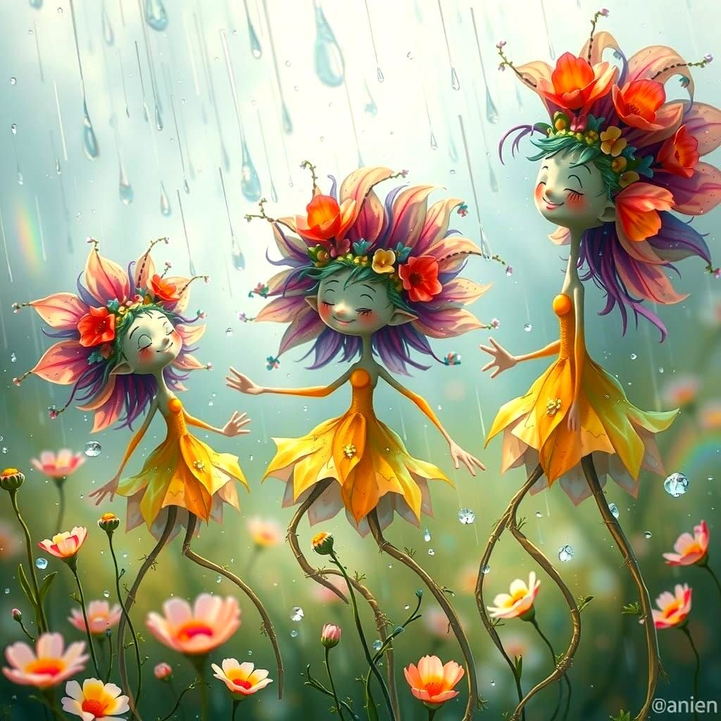 Whimsical Floral Dancers in Rainy Whispers