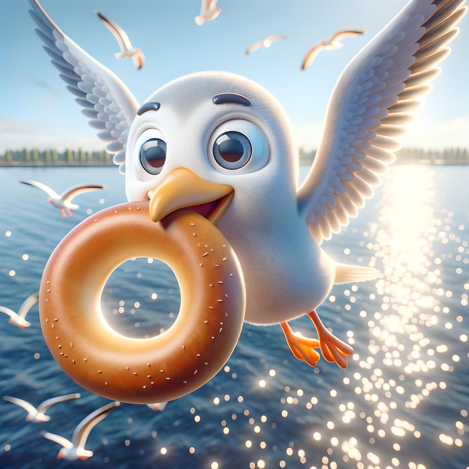 Playful Seagull with Bagel: 3D Rendered Illustration