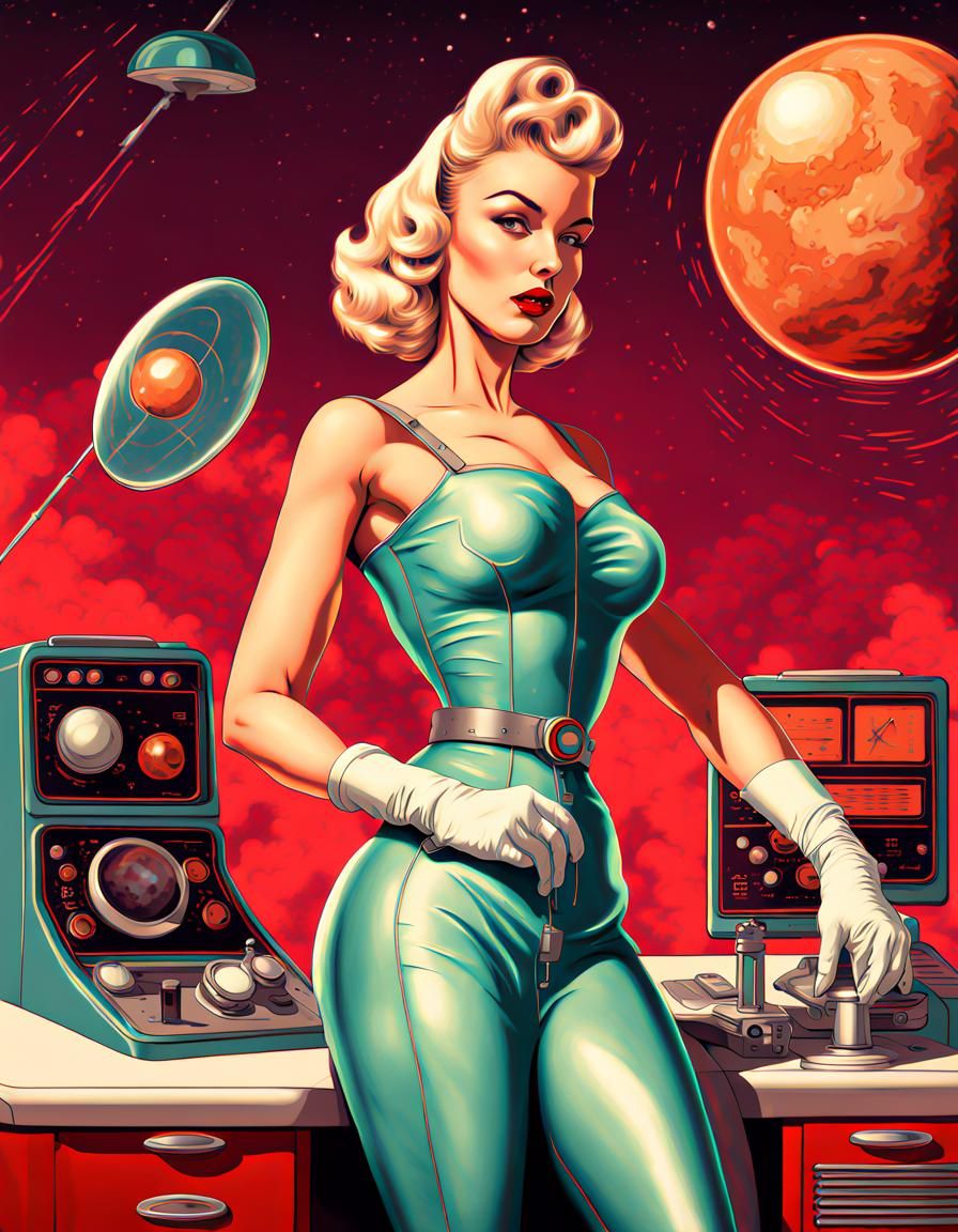 Retro Futurism Pinup on Martian Planet