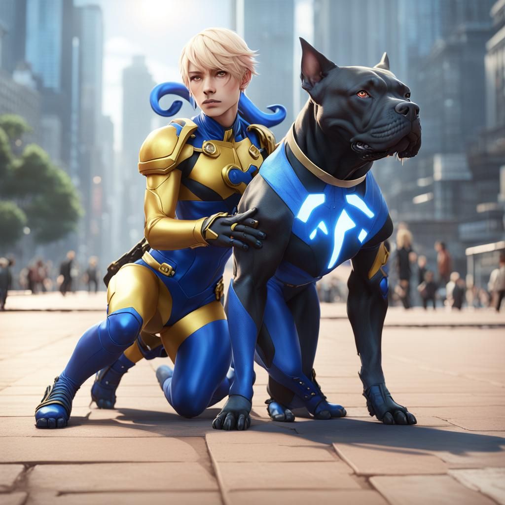 Blonde Superhero and Pit Bull in 3D Anime Art