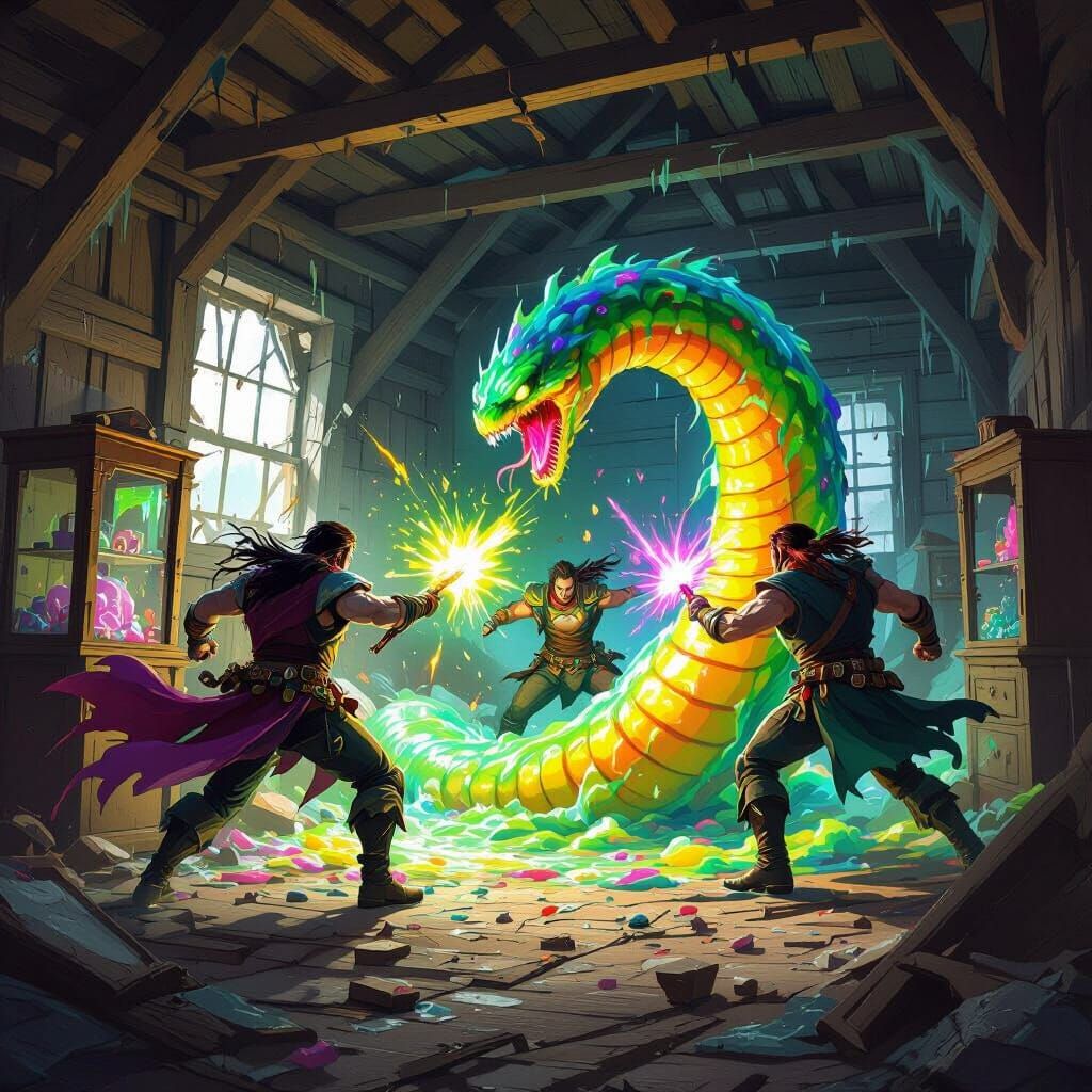 Heroes Battle Vibrant Slime Serpent in Dark Fantasy Shack