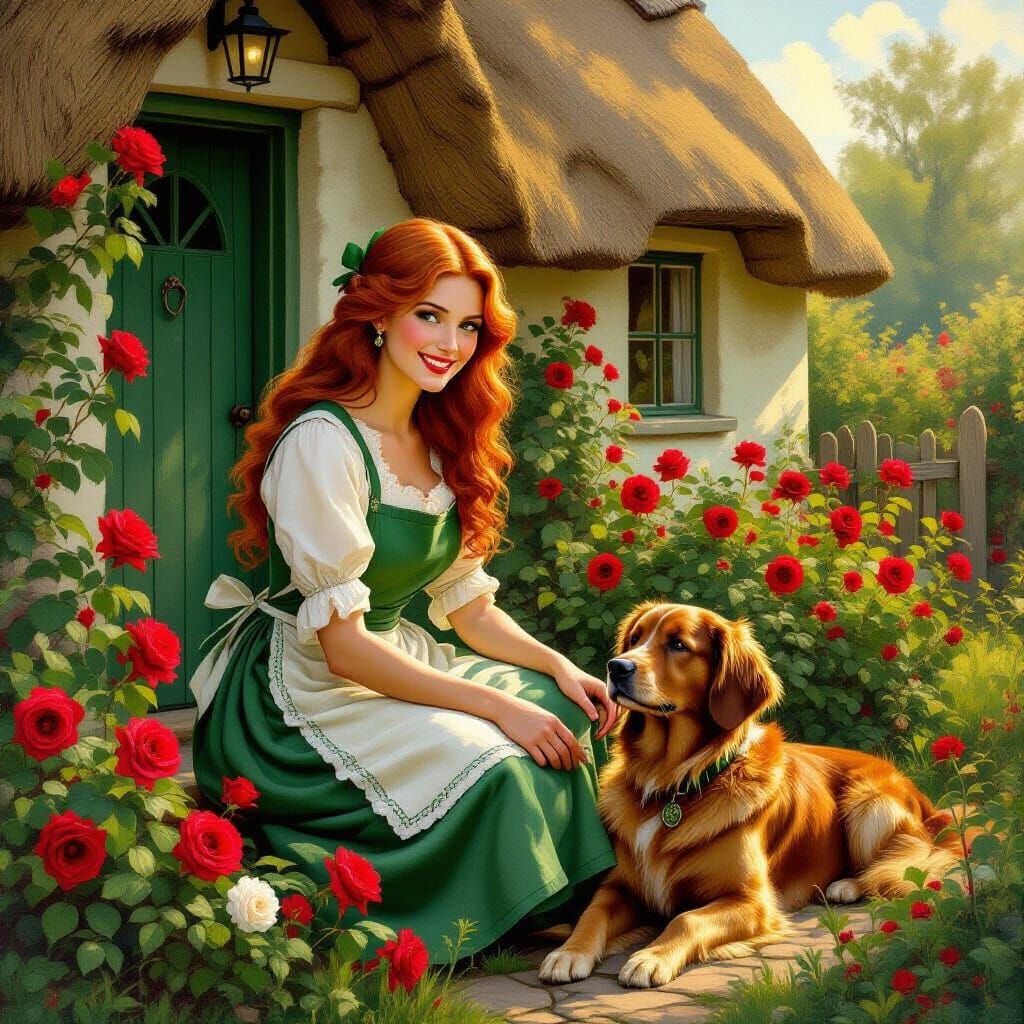 Redhead Irish Woman Tending Garden Near Thatched Cottage