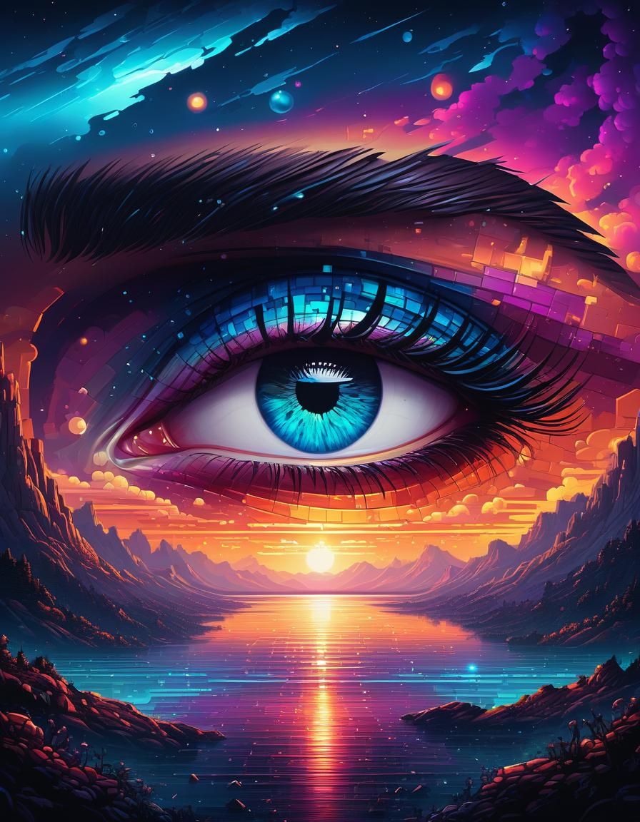 Cyberpunk Eye Reflecting Cosmic Landscape in Pixel Art