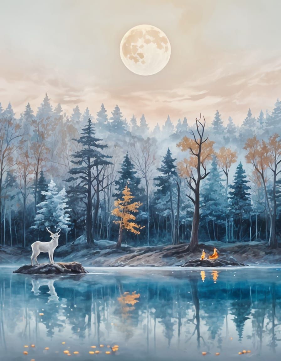 Autumn Night Lake Scene with Mage and Wildlife