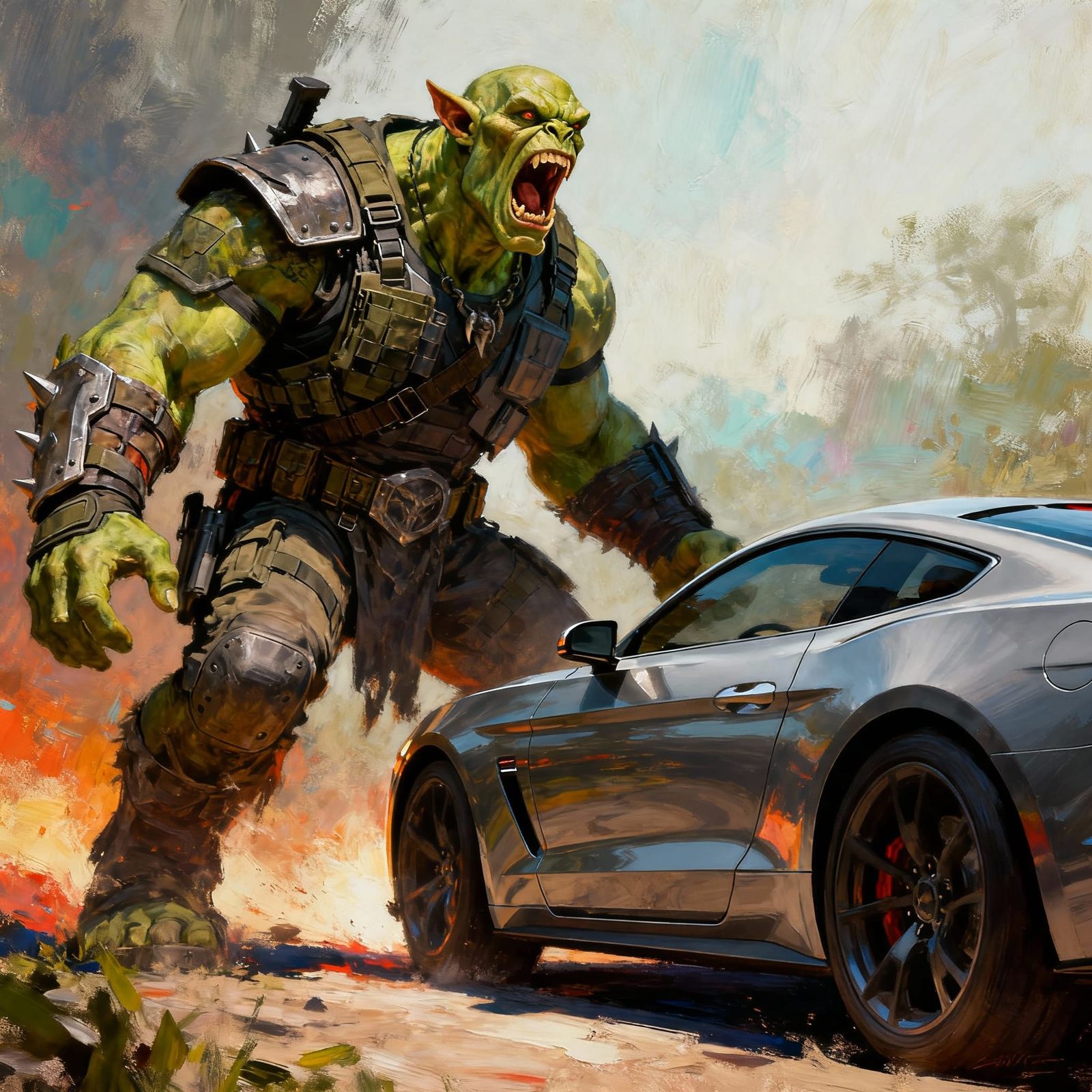Orc Warrior's Battle Cry at Modern Car Digital Painting