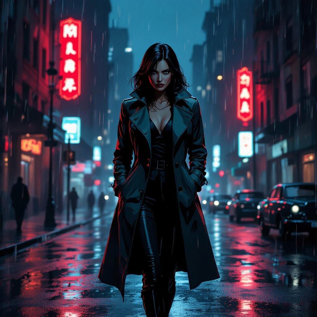 Glamorous Film Noir Detective in Comic Style