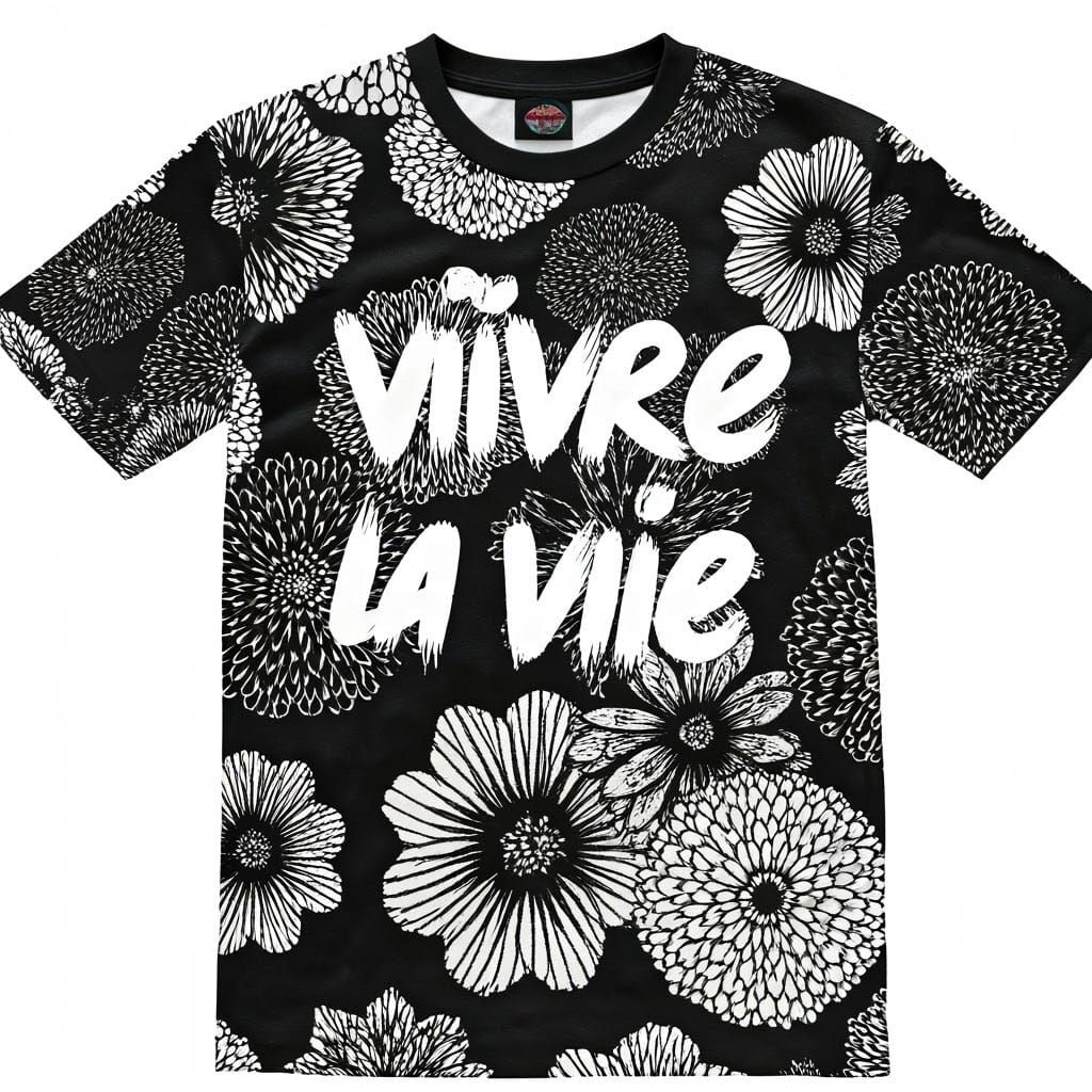 Black and White Floral T-Shirt with French Text