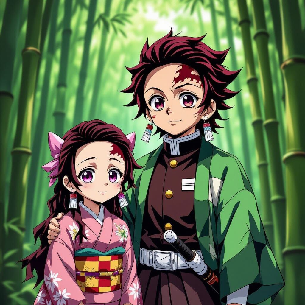 Tanjiro and Nezuko in a Sunlit Bamboo Forest