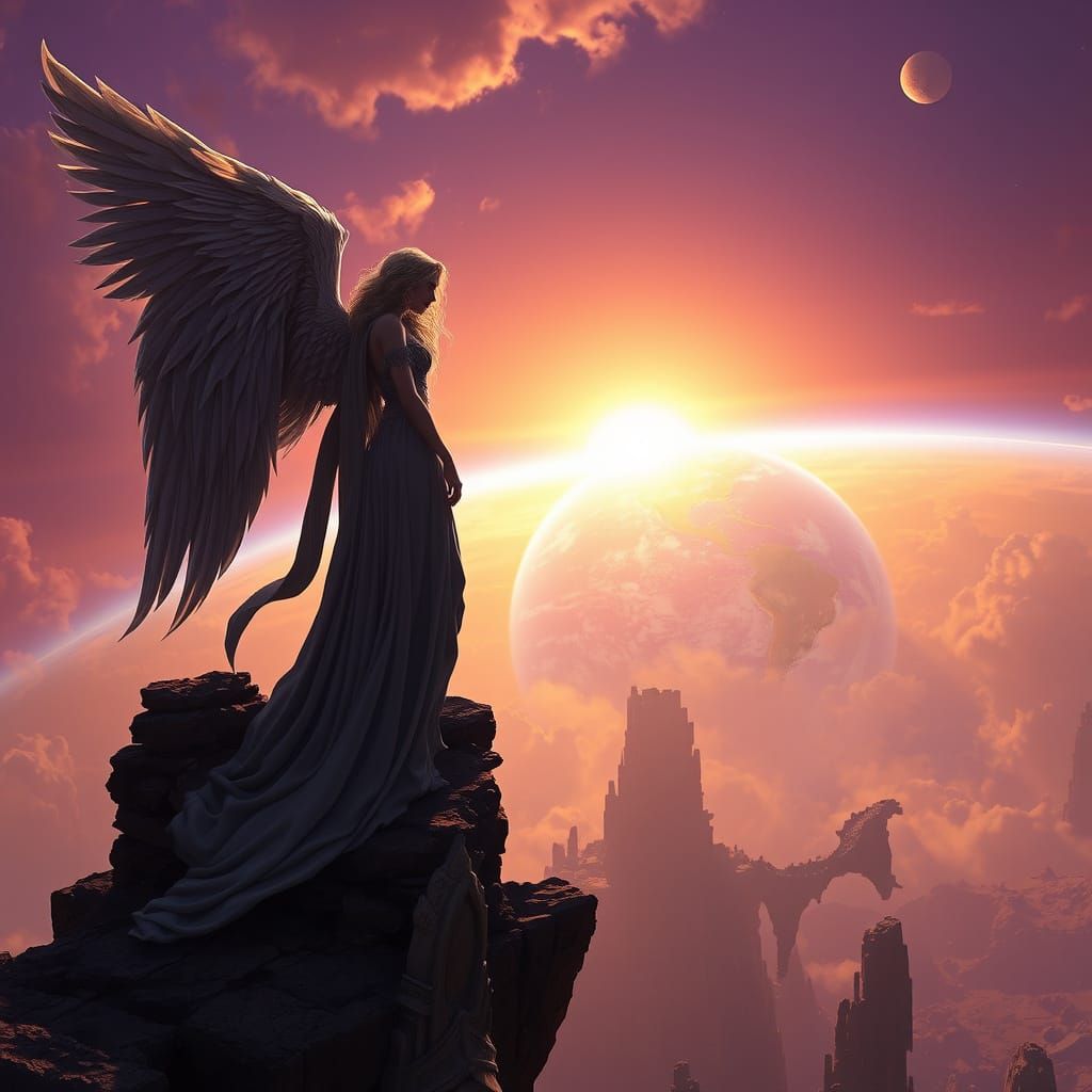 Dark Fantasy Angel Goddess on Ruin of a Tower