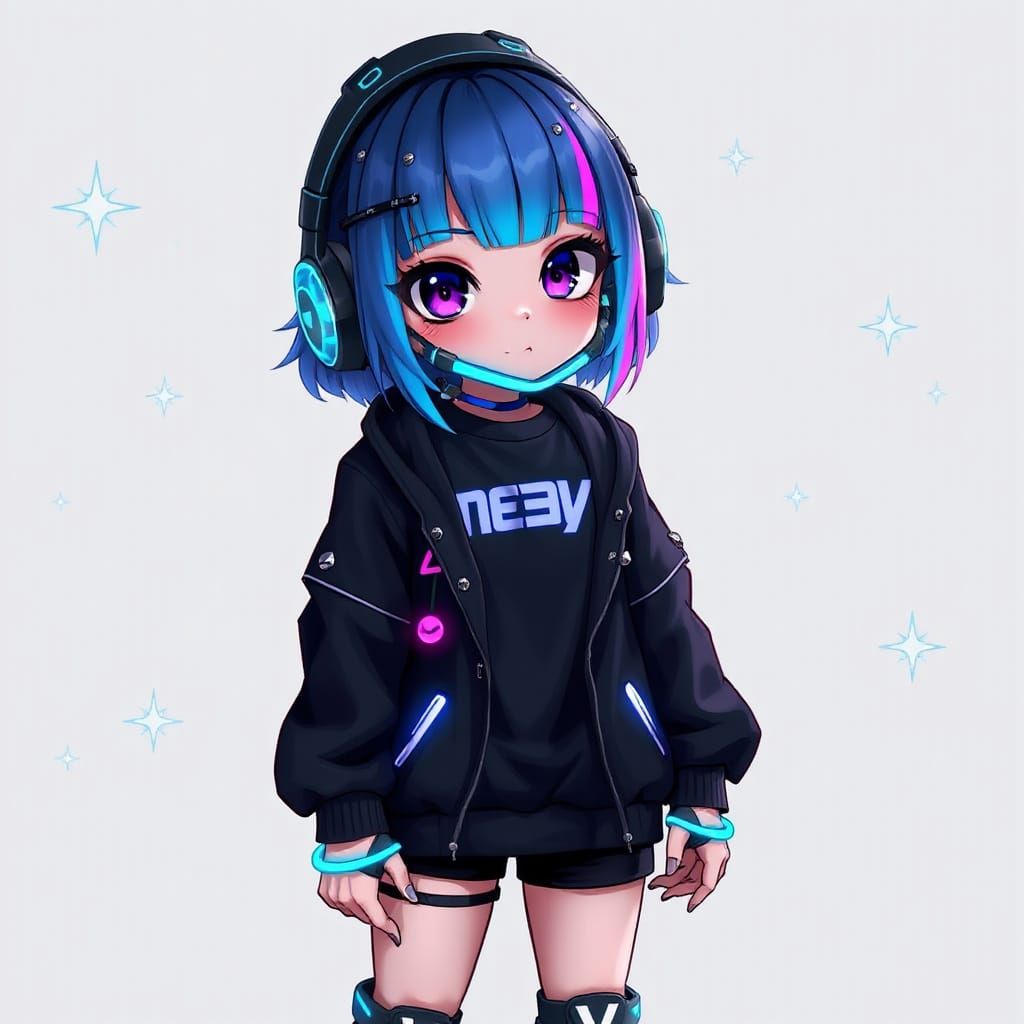 Cyberpunk Kawaii Character with Neon Details