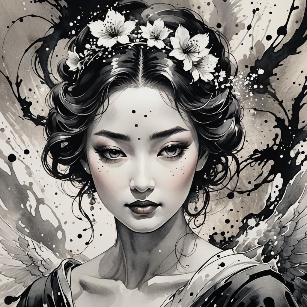 Elegant Angel and Demon Woman in Sumi-e Style