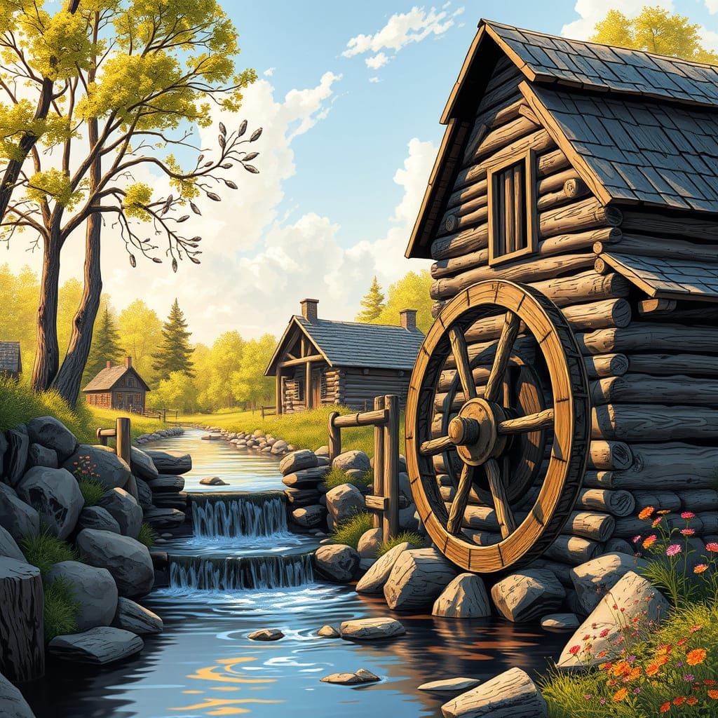 Rustic Flour Mill Scene in Vintage Comic Book Style