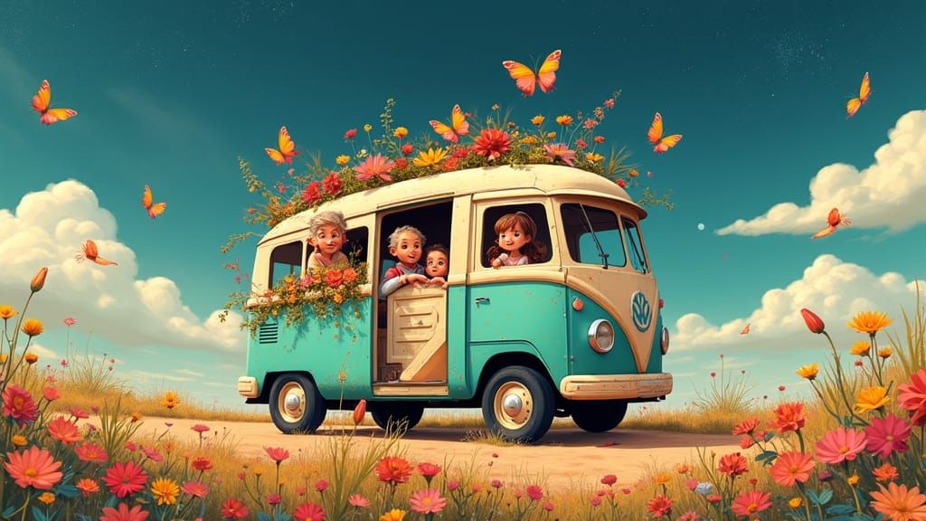 Happy Family Road Trip in Psychedelic Flower Van