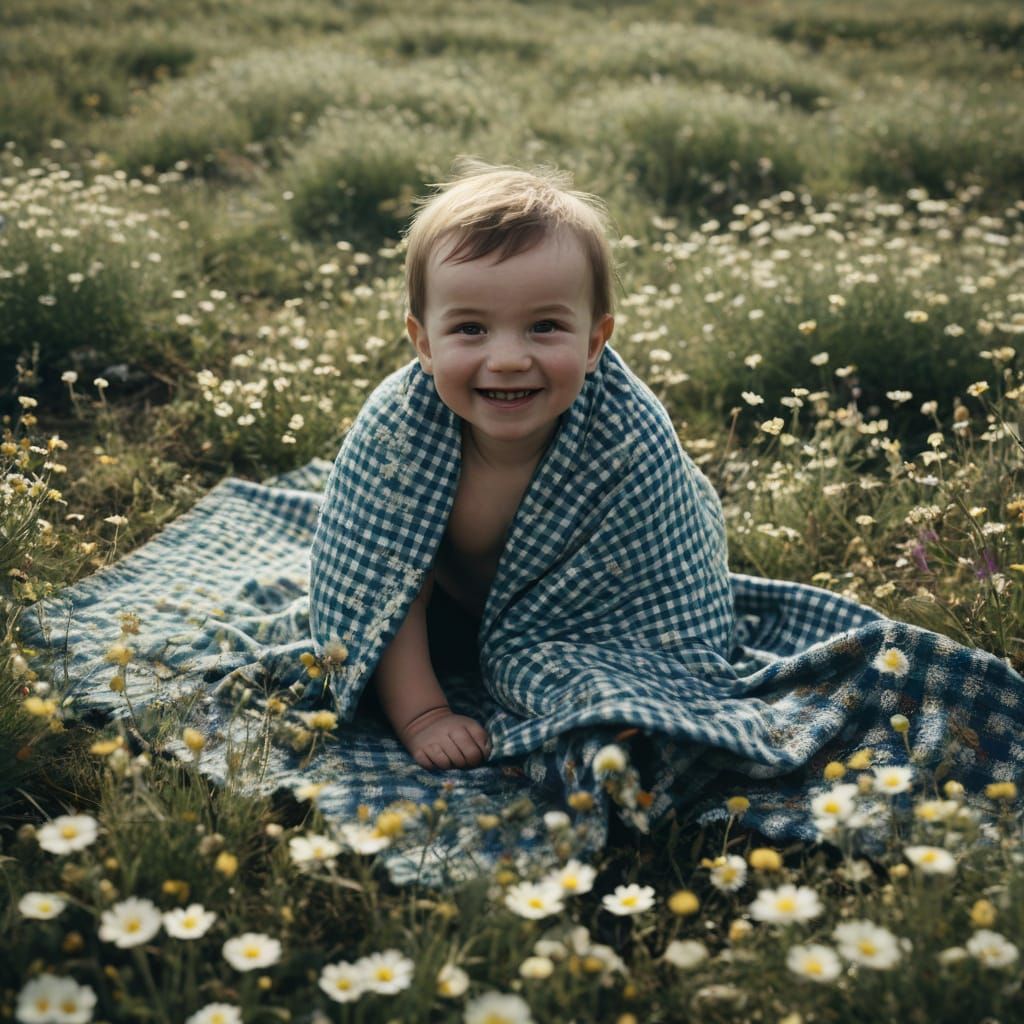 Baby Crawling on Gingham Blanket in Field of Tiny Flowers