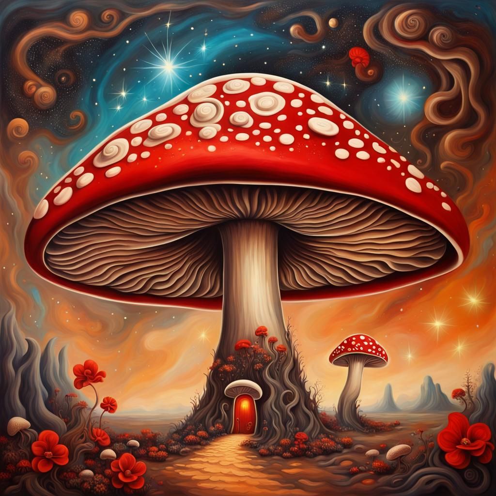 Giant Glowing Mushroom in Space, Surreal Oil Painting