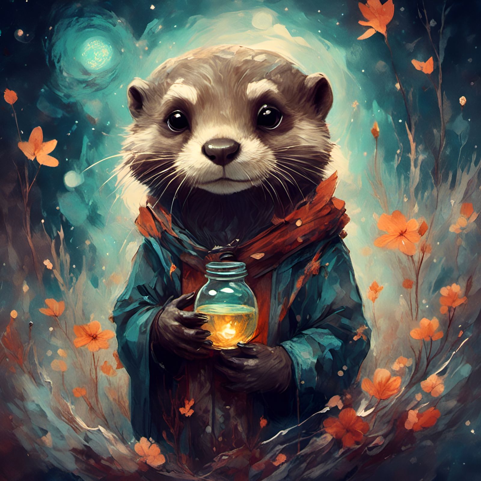 Cartoon Otter Druid with Potion Under Starry Sky