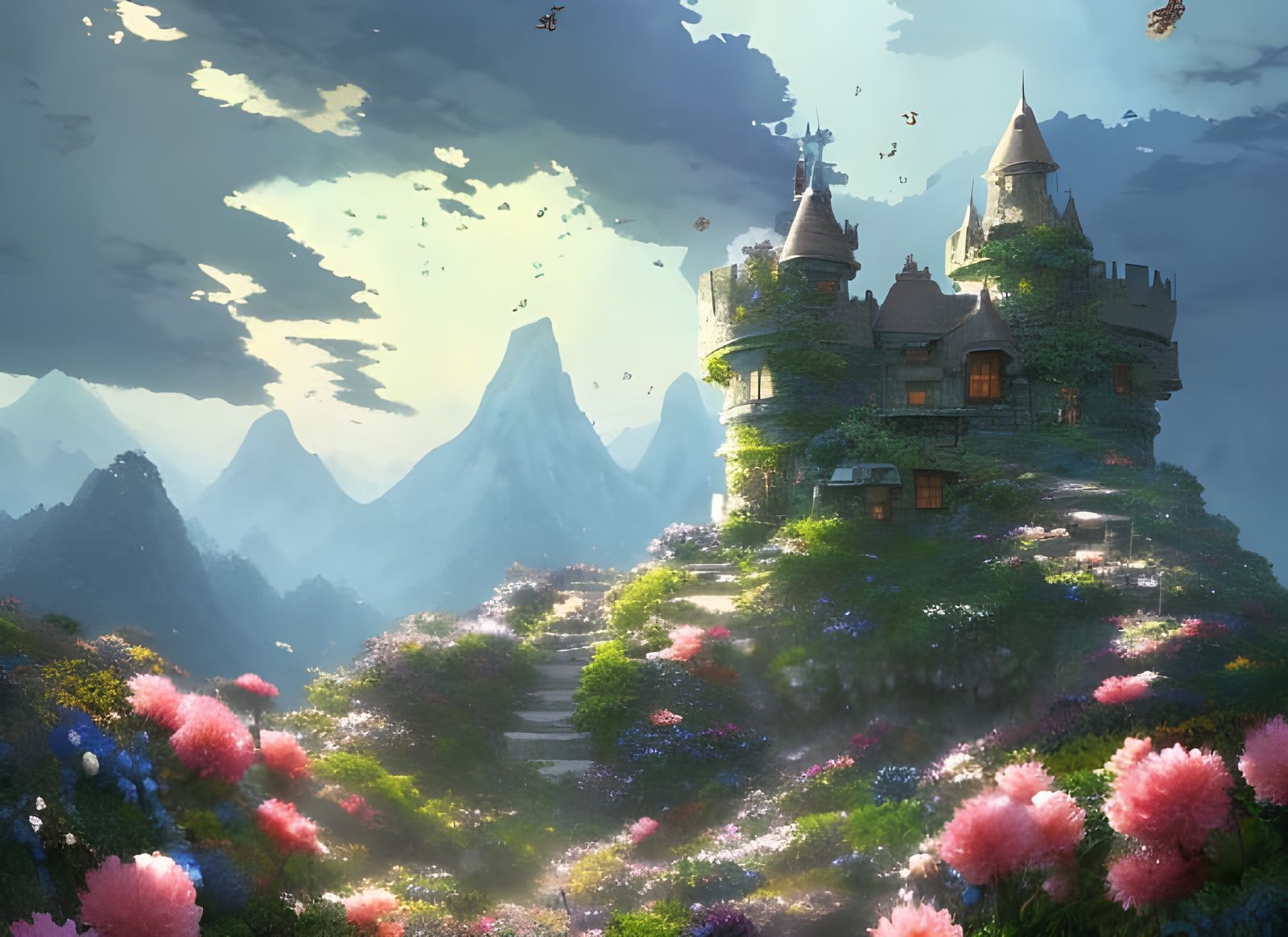 Flower Covered Castle in Mountain Landscape