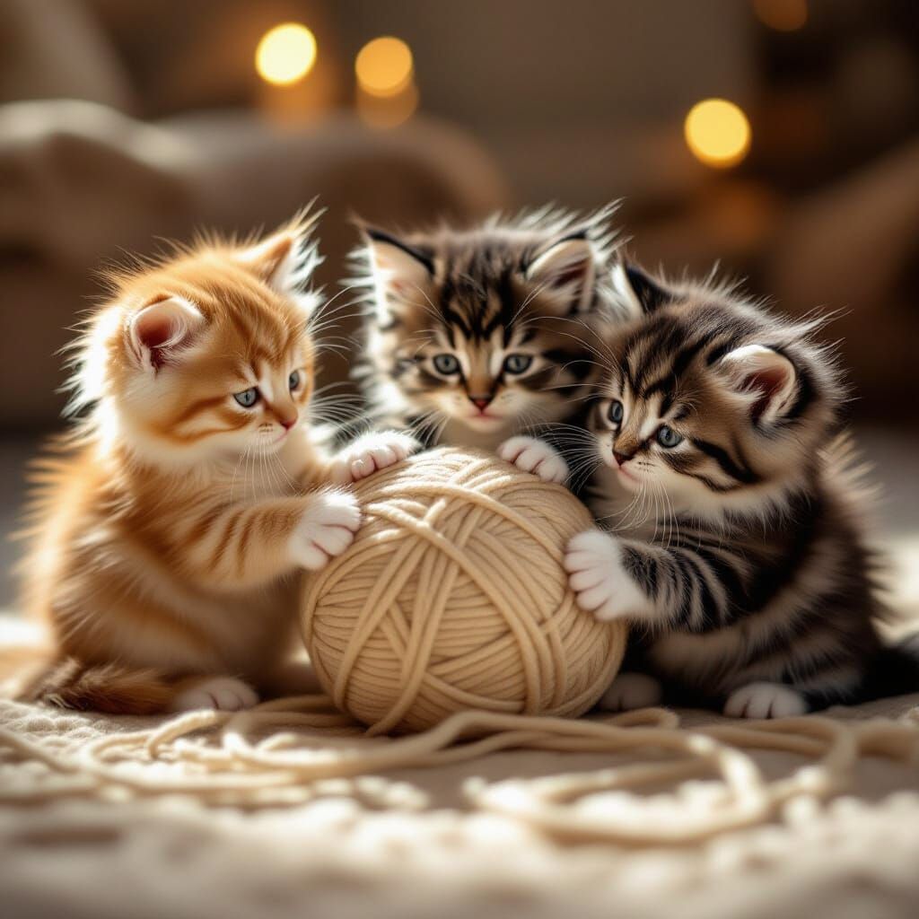 Adorable Kittens Play With Yarn Ball in Soft Light