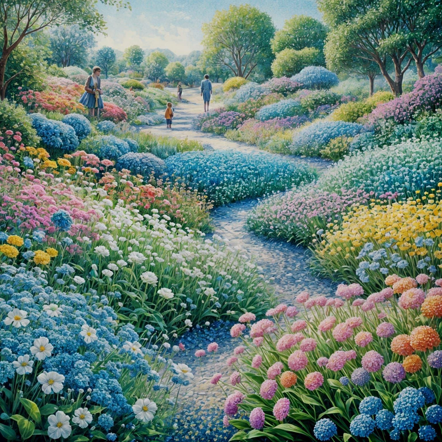 Pointillist Flower Garden with Blue Baby's Breath