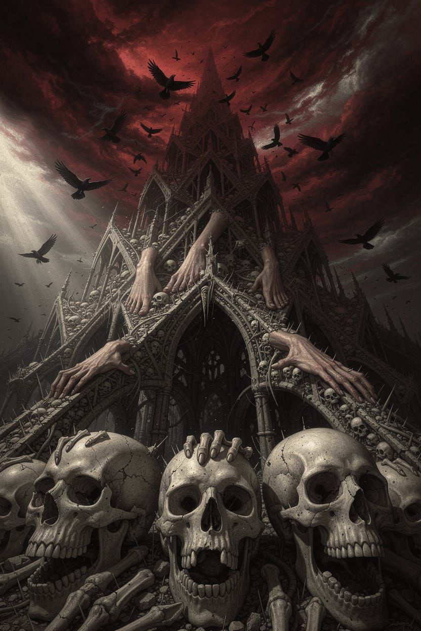 Macabre Mountain of Skulls and Limbs in a Blood-Red Sky