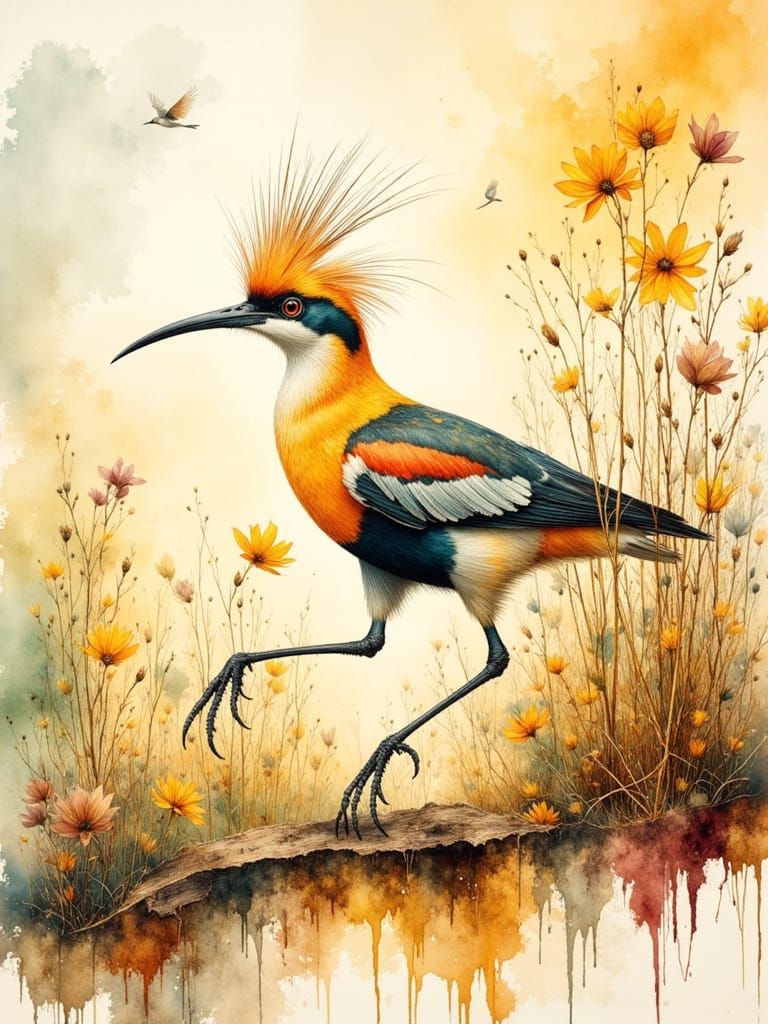 Secretary Bird in Mixed Media Watercolor Collage