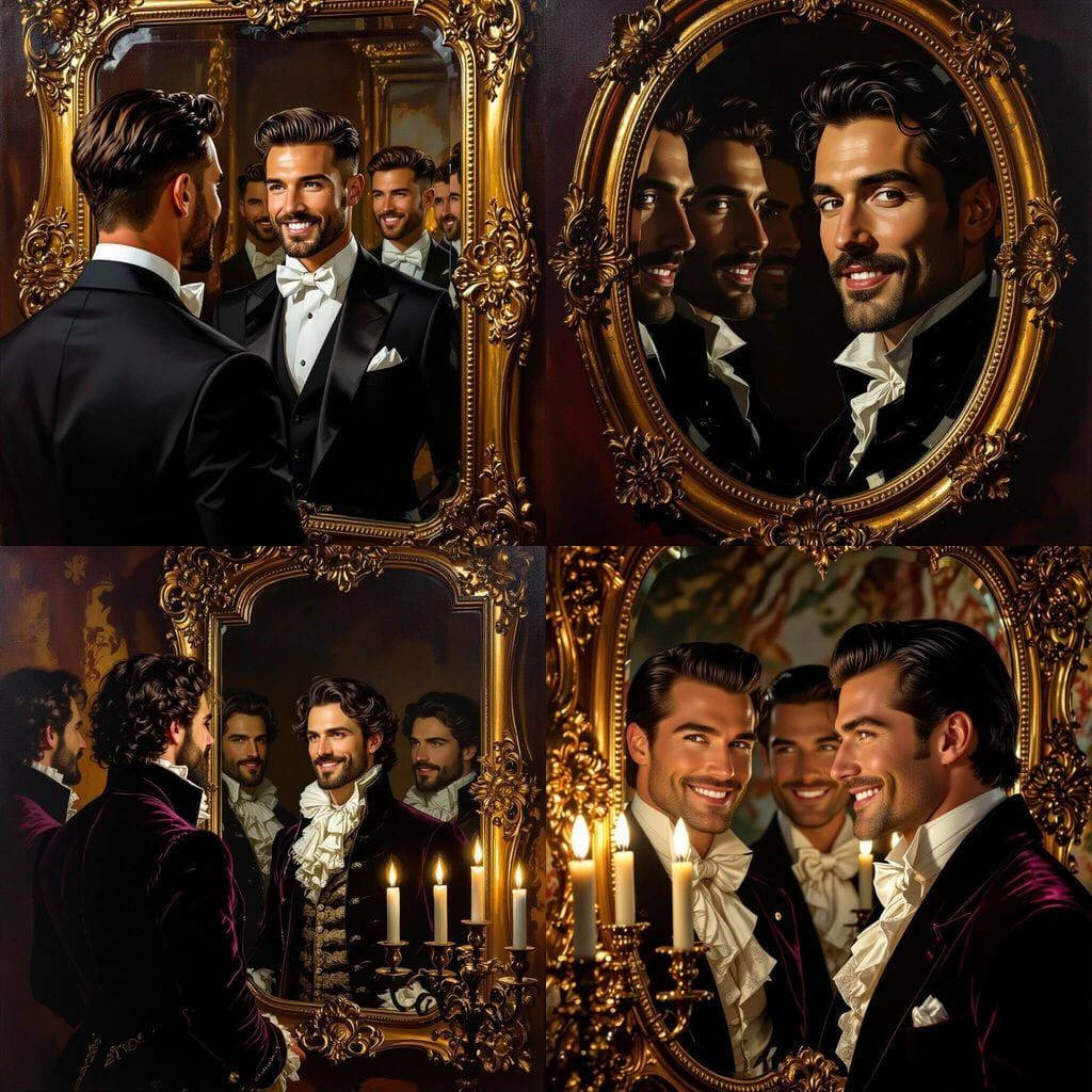 Narcissist Smiles at Multiple Reflections in Mirror