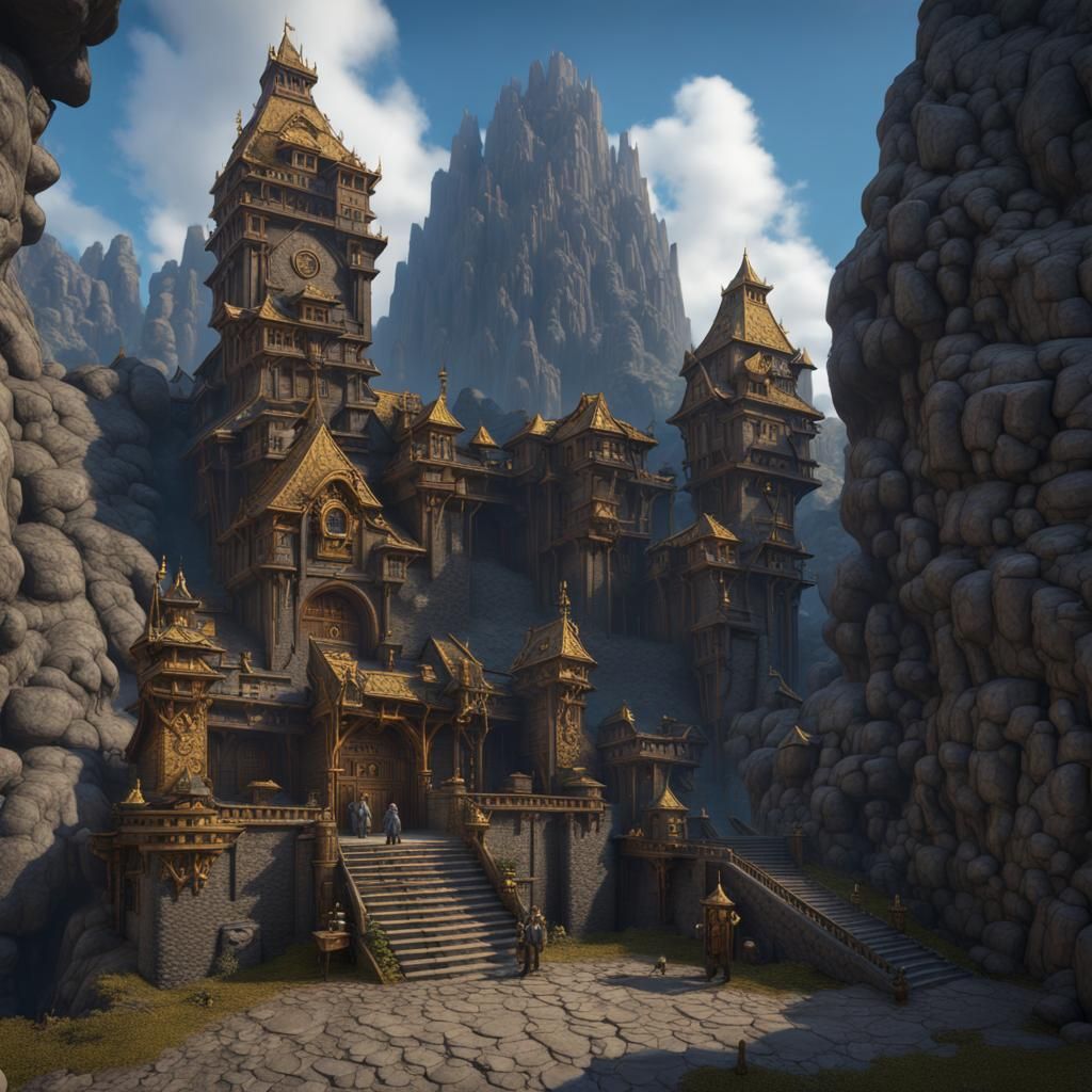 Dwarf Fortress in Mountain with Gold Statues