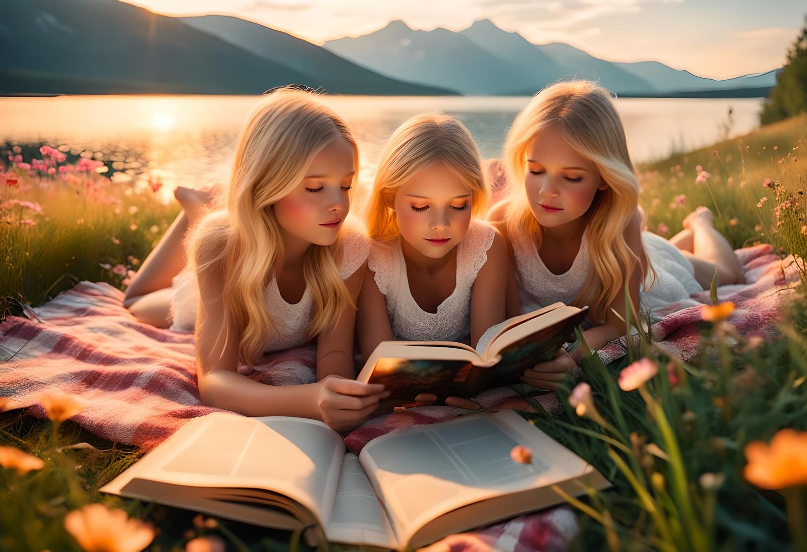 Blonde Sisters Reading at Sunset in Photo-Realism